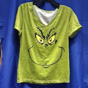 NWOT Womens Green  V-Neck Grinch Face T-Shirt